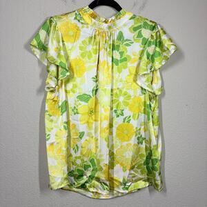 Emily Wonder Large Shirt Blouse Yellow Floral Ruffled Neckline Flutter Sleeves